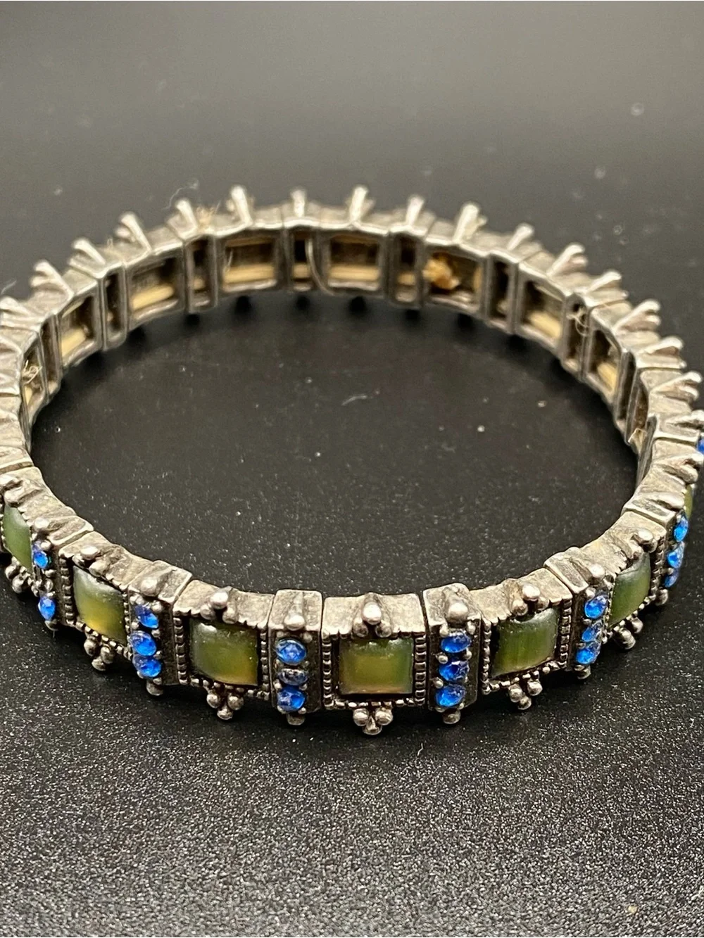 Vintage-Inspired Art Deco Green Glass and Blue Crystal Stretch Bracelet